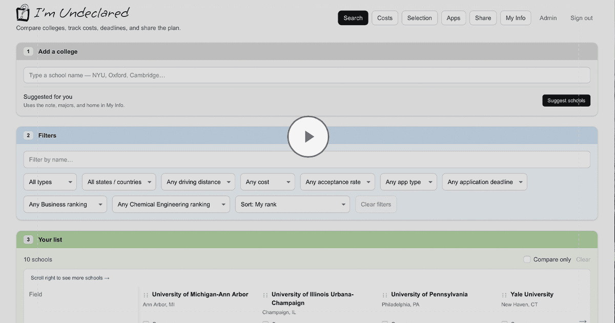 Preview of Search: add a college, filter the list, and compare schools